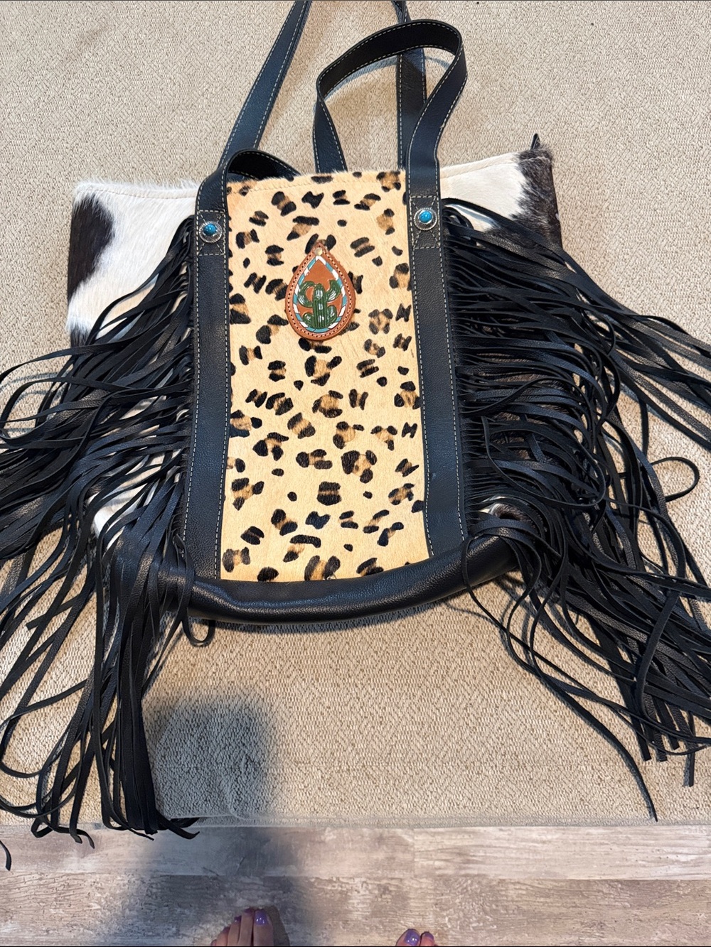 Myra Bag Black and Tan Leopard Fringe Shoulder Bag with Turquoise Accent
